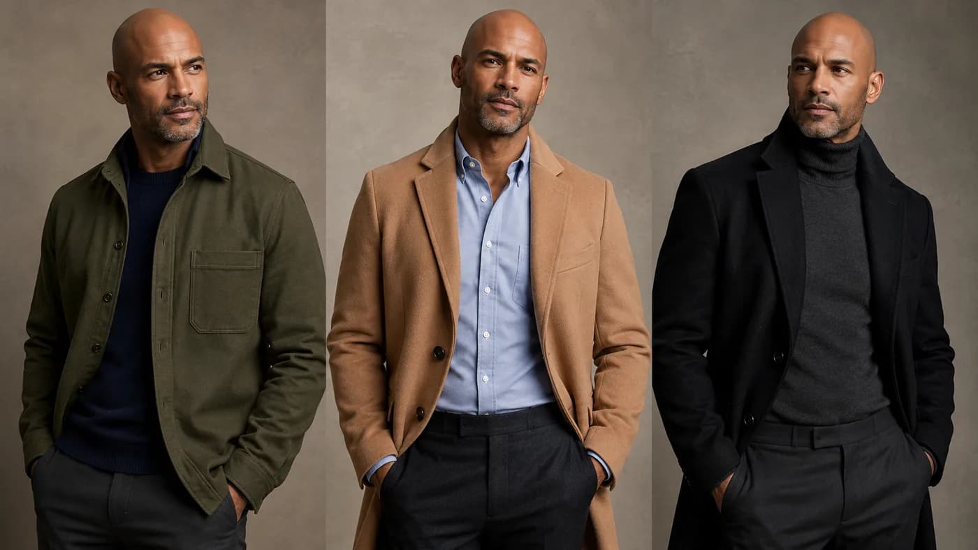 Bald man comparing casual, professional, and evening winter layers