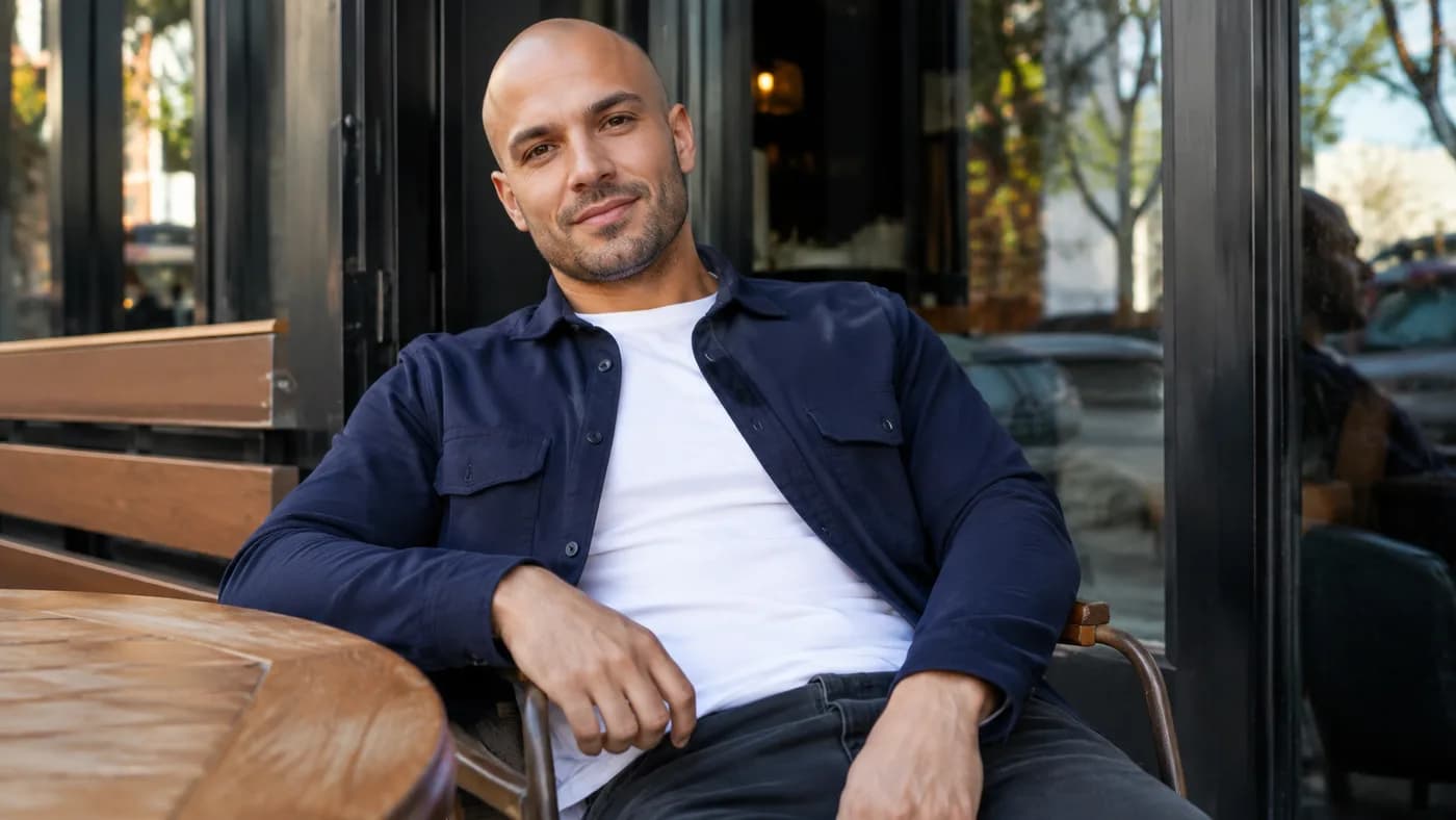 Young bald man in a fitted overshirt at an outdoor cafe