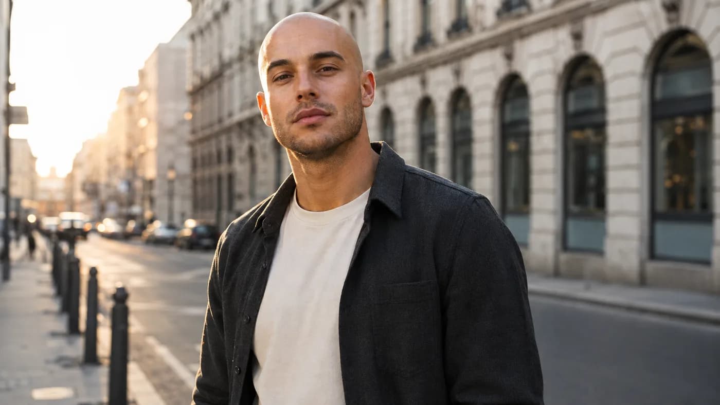 Young man comparing a number 2 buzz cut, close electric shave, and razor-shaved head