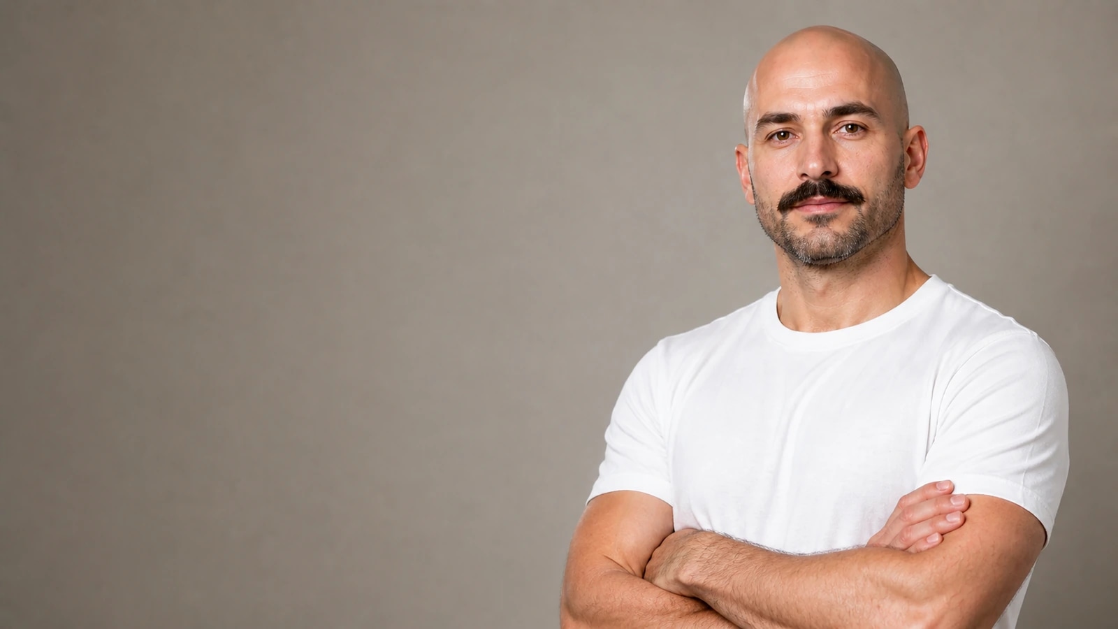 Bald preview with mustache and stubble beardstache