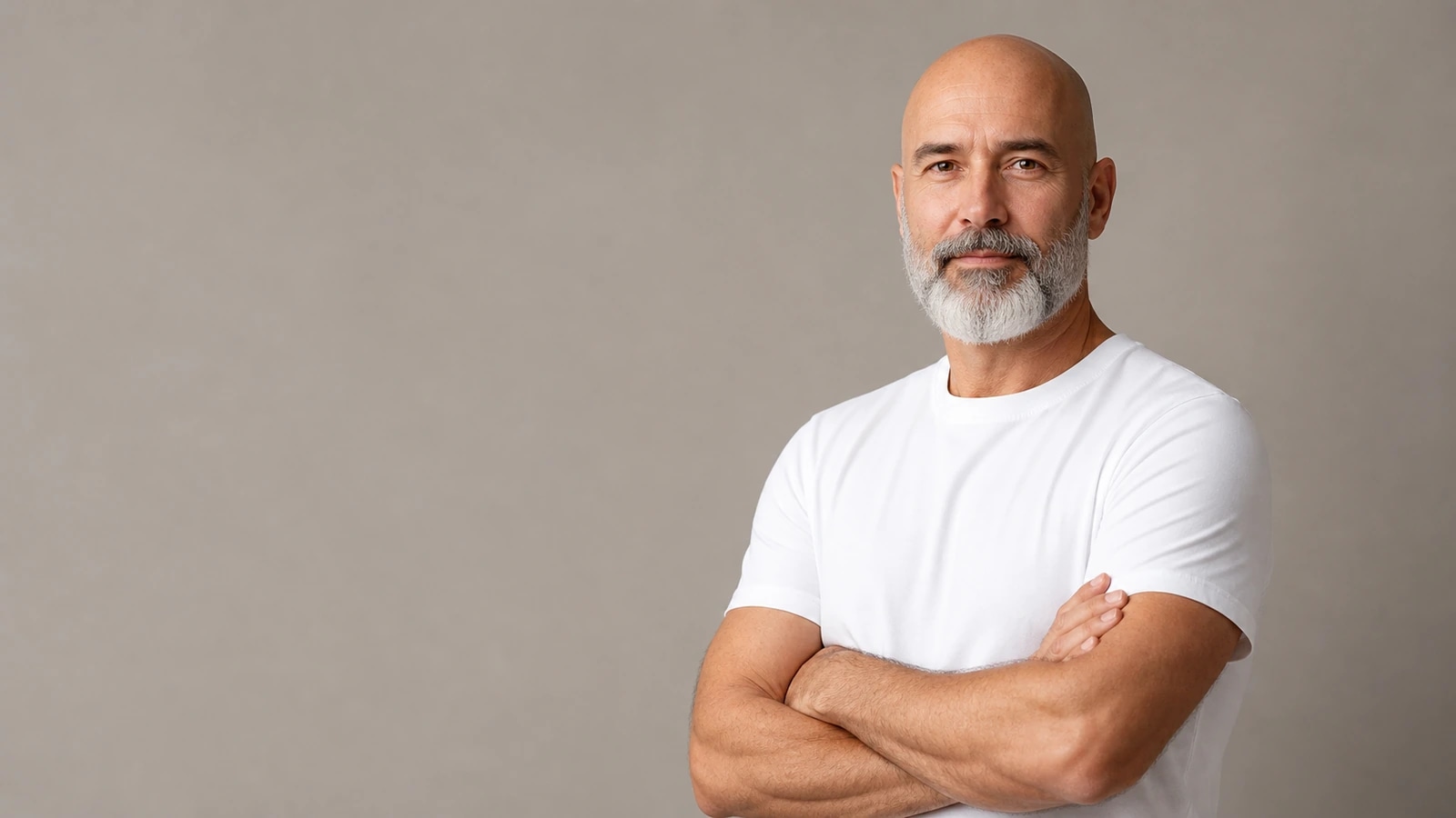 Bald style with mature beard contrast