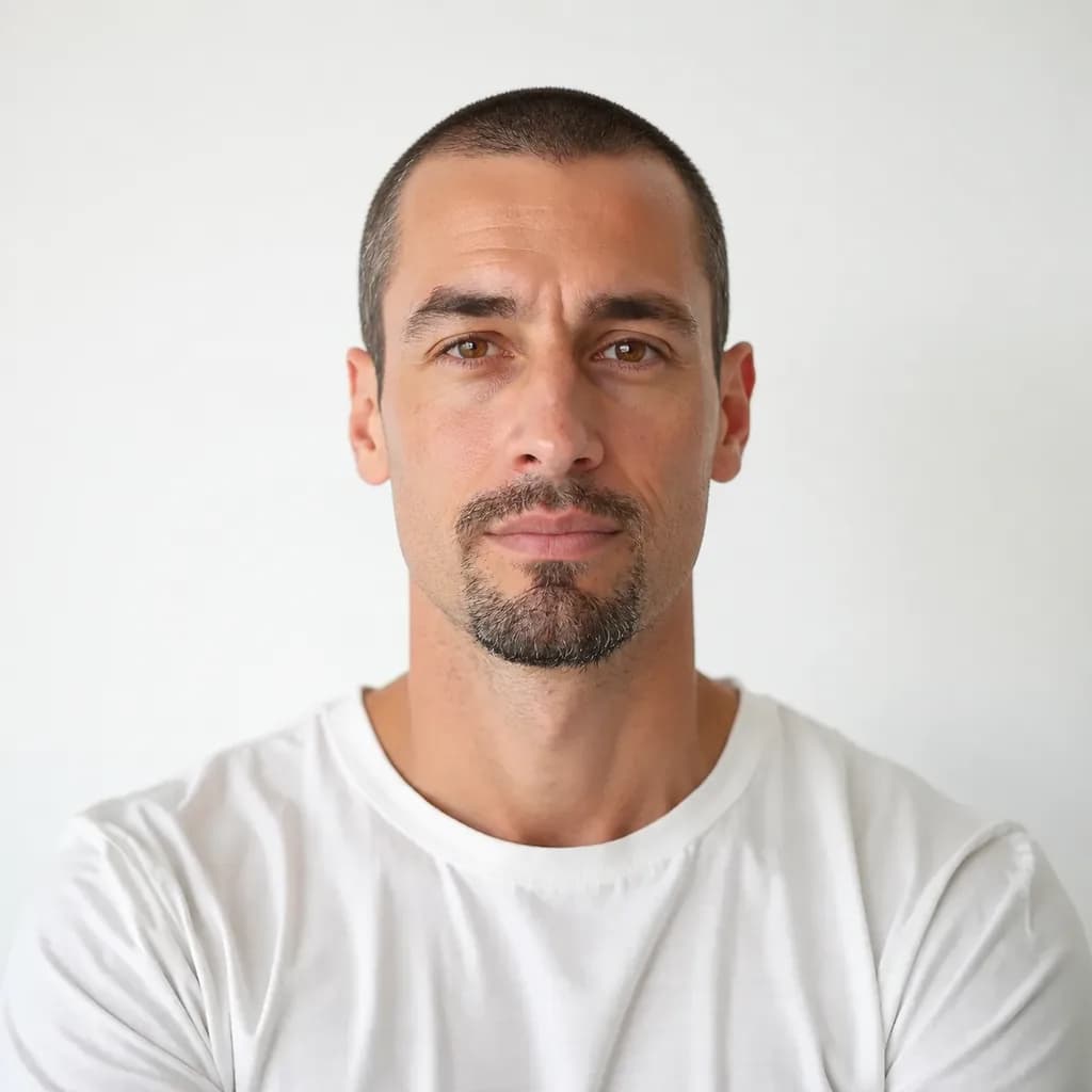 Preview with a buzz cut and Van Dyke beard