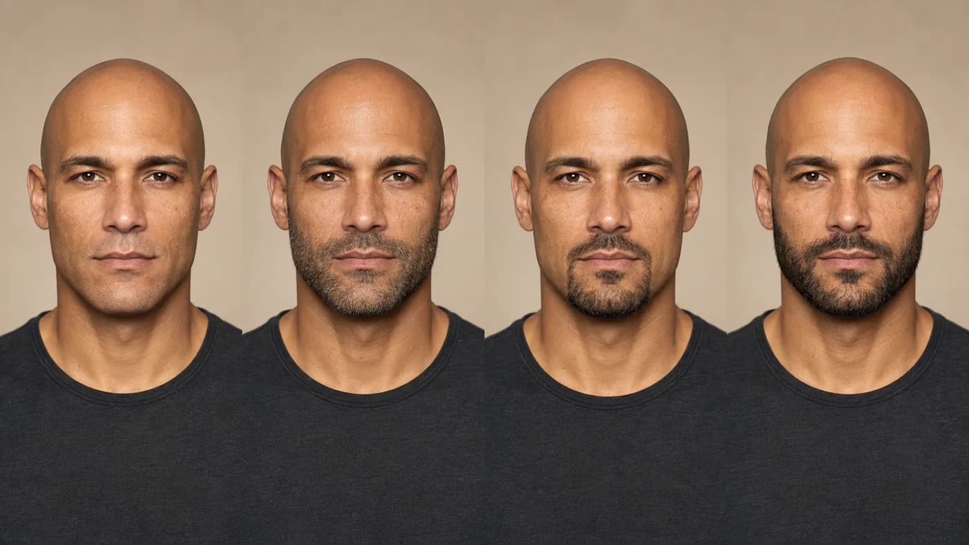 Bald man compared with clean-shaven, stubble, goatee, and short boxed beard styles