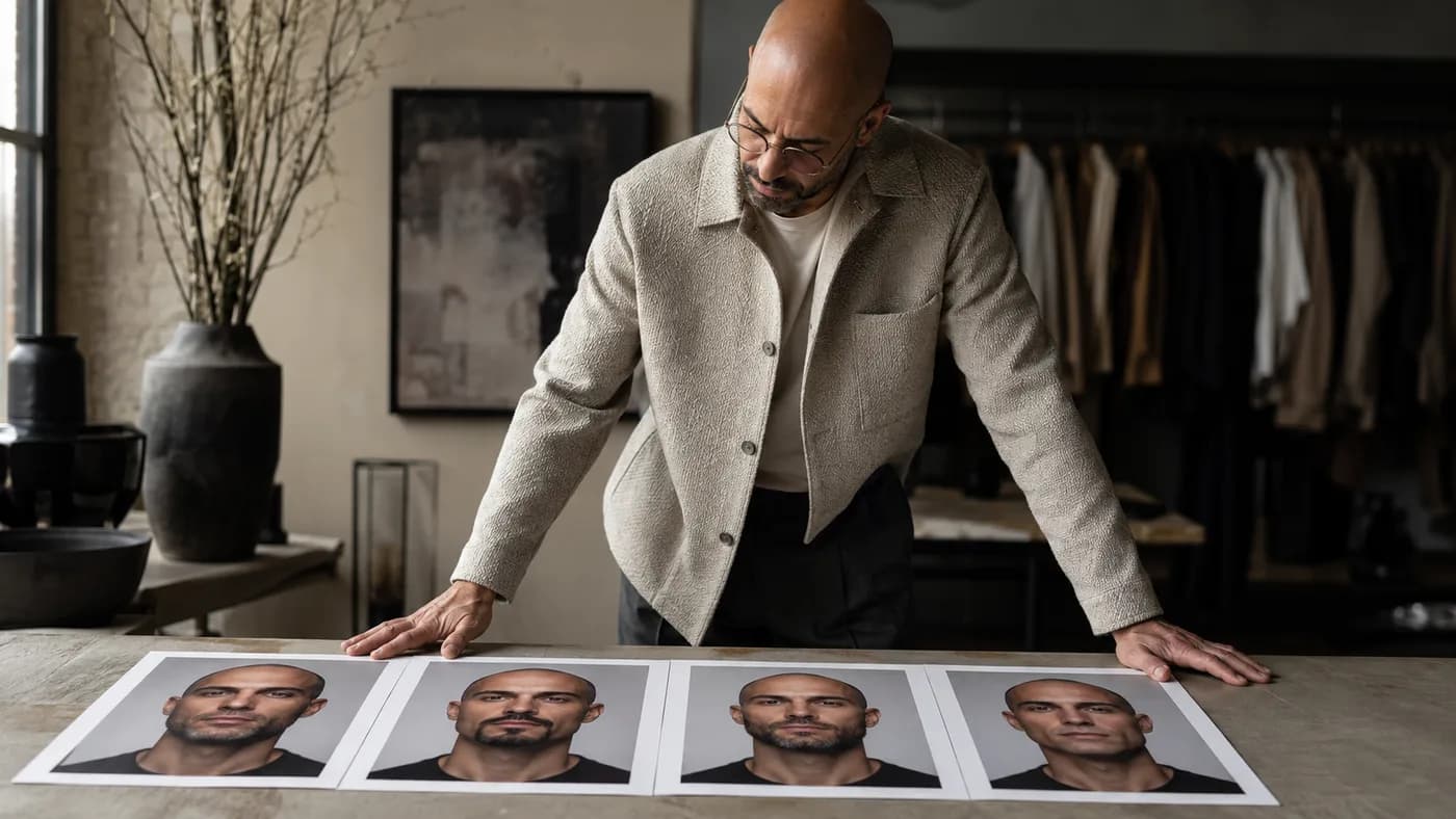Bald man comparing beard style options with his usual glasses and outfit