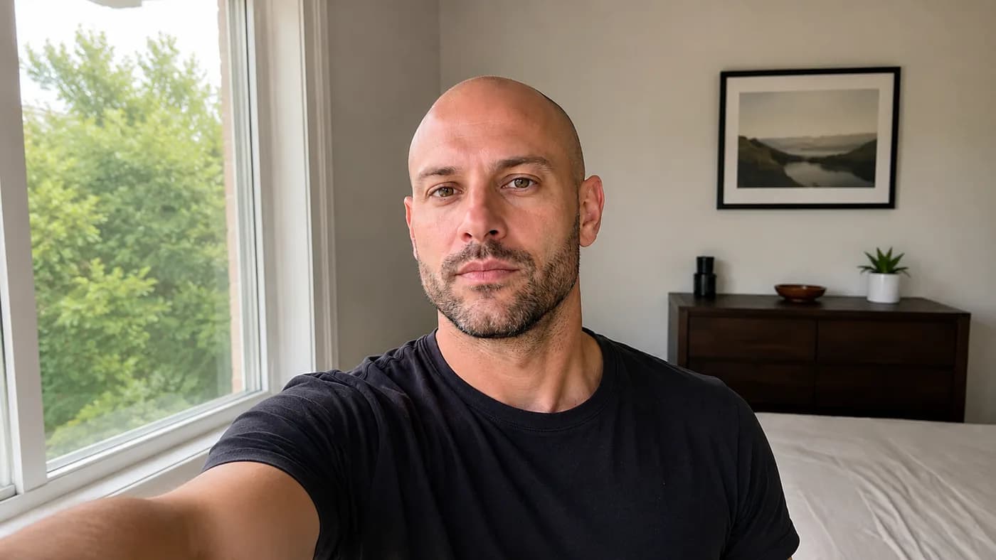 Bald man taking a clear front-facing selfie for a beard style preview
