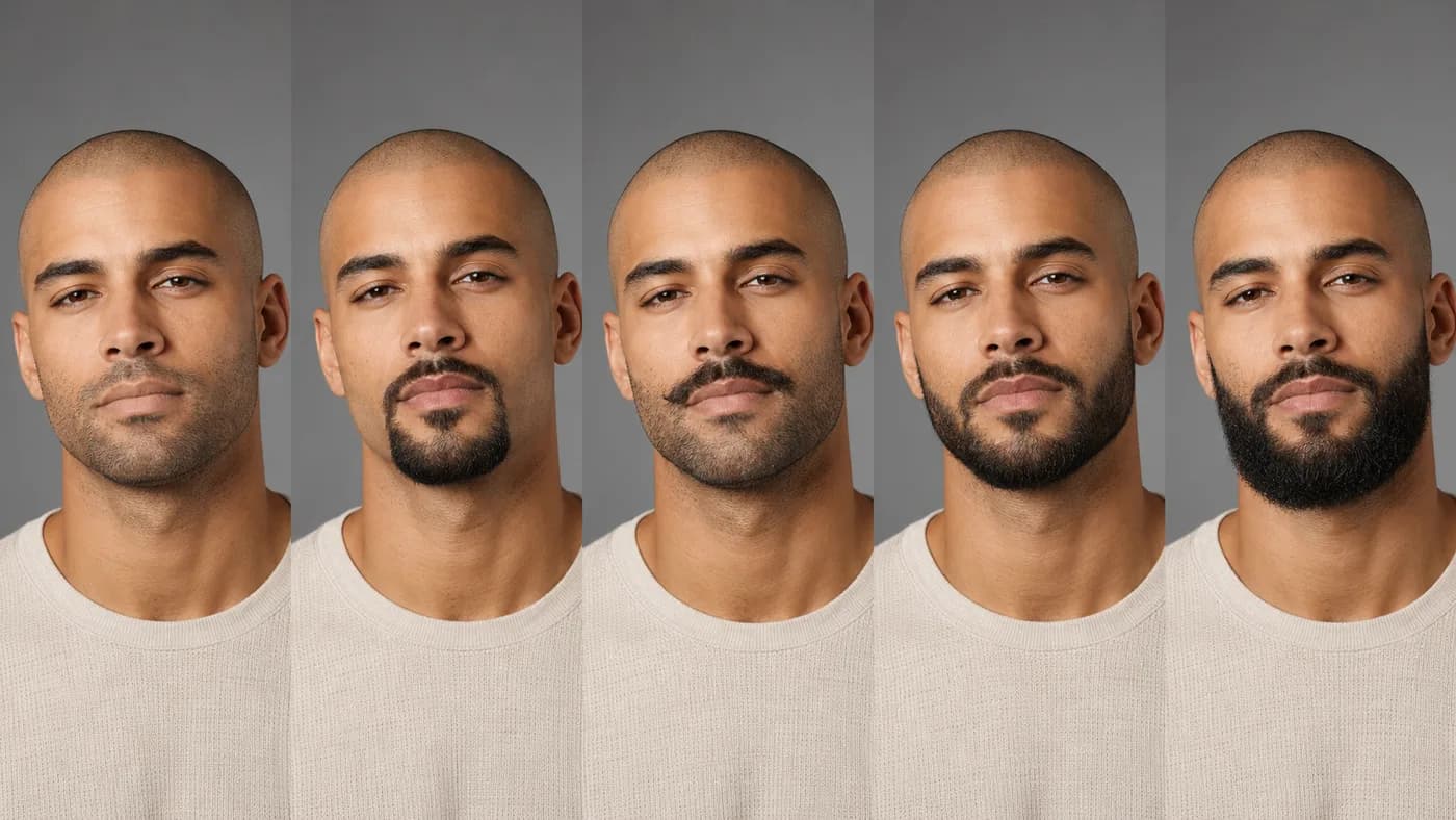 Five bald beard styles: heavy stubble, circle beard, beardstache, short boxed beard, and neat full beard