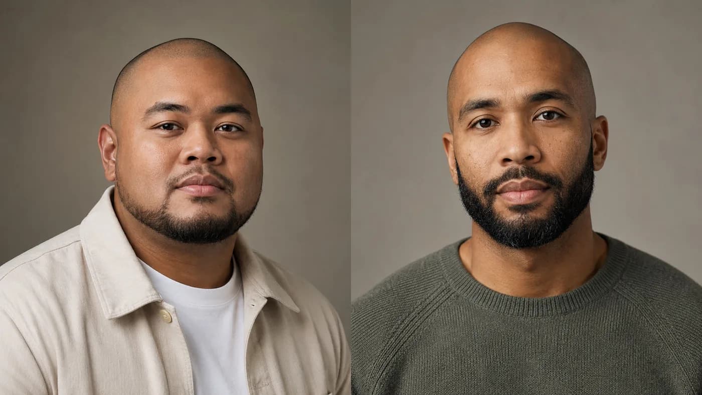 Beard balance examples for bald men with round and long face shapes