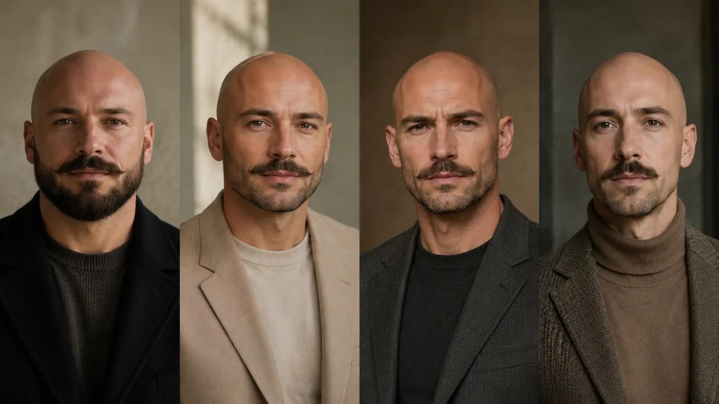Bald men with beardstache styles adapted to different face shapes