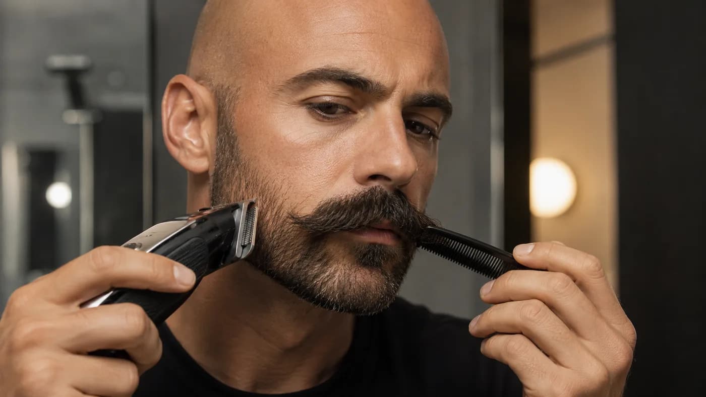 Bald man trimming a beardstache with a trimmer and mustache comb