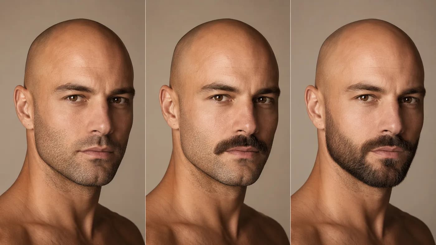 Comparison of the same bald man with heavy stubble, a beardstache, and a short boxed beard
