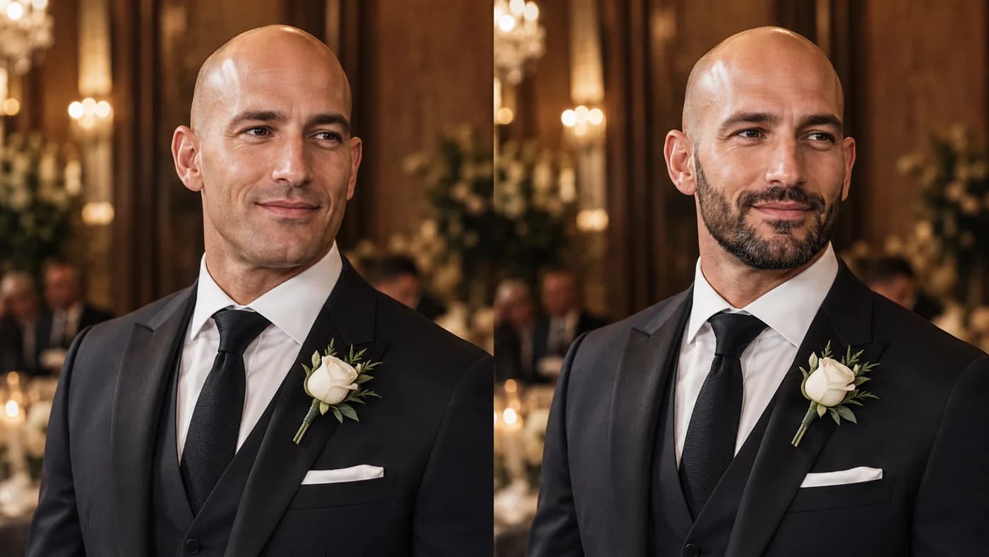 Bald groom comparison with clean-shaven and short-beard formal looks