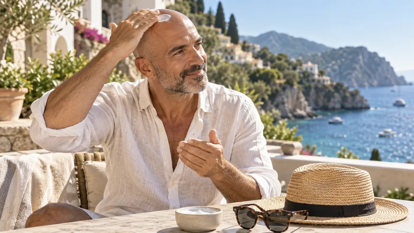 Bald man applying sunscreen to his scalp at a coastal hotel
