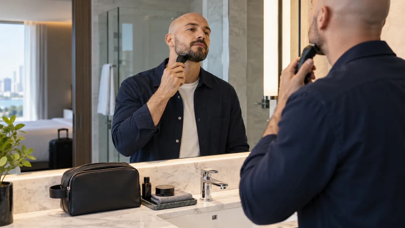 Bald man trimming his beard beside a compact grooming kit in a hotel bathroom
