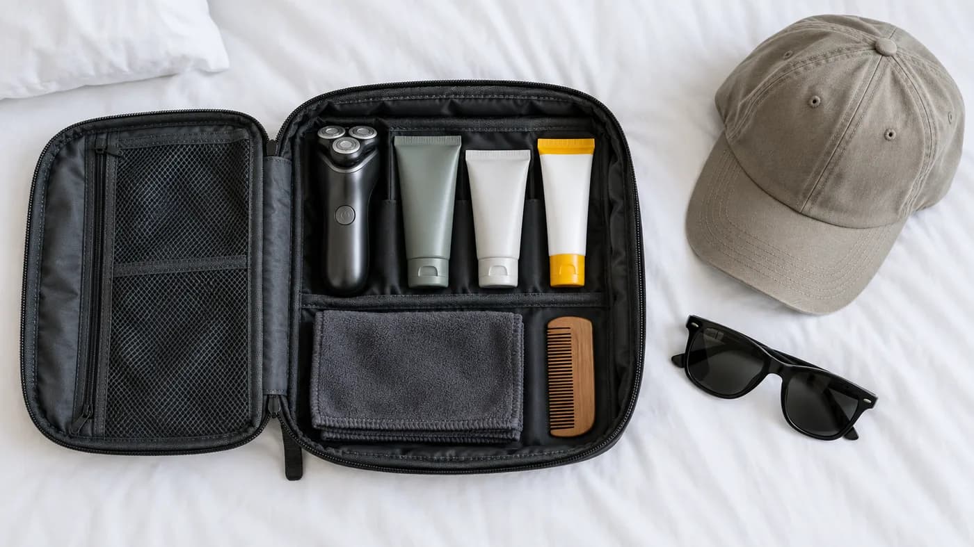 Open bald men travel grooming kit with a shaver, skincare, sunglasses, and cap