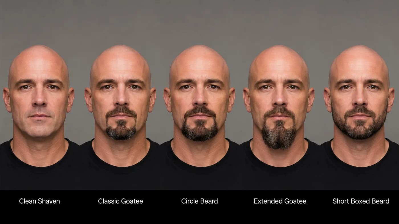 Comparison of a bald man with clean-shaven, classic goatee, circle beard, extended goatee, and short boxed beard