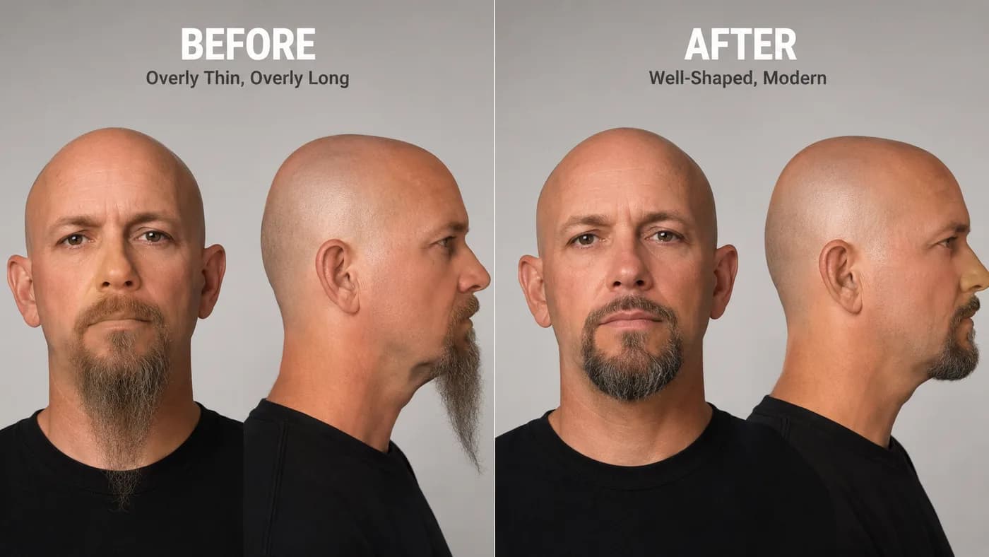 Comparison of a modern bald goatee versus an overly thin dated goatee
