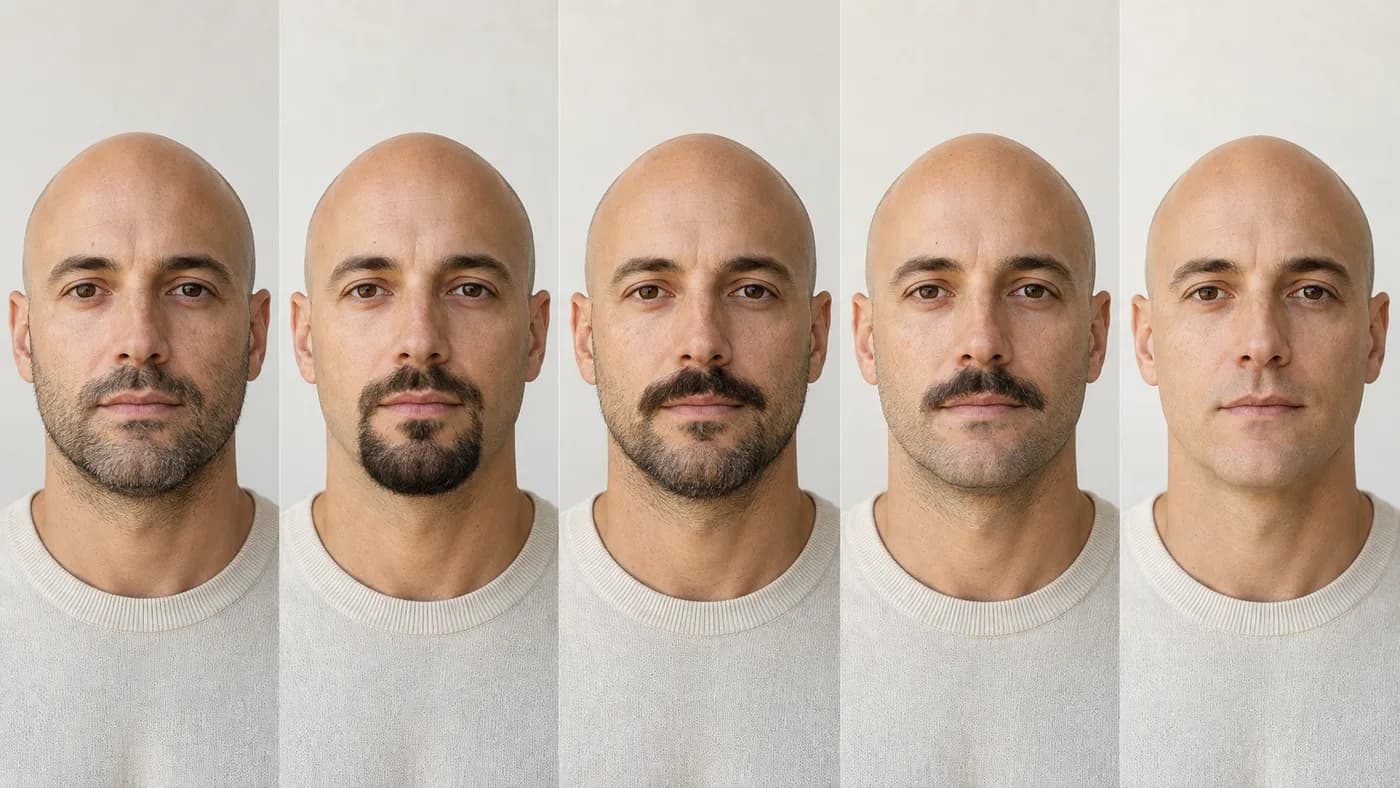 Bald man compared across stubble, goatee, beardstache, mustache, and clean-shaven styles