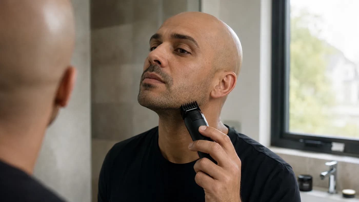 Bald man maintaining short stubble with a guarded trimmer and a clean neckline