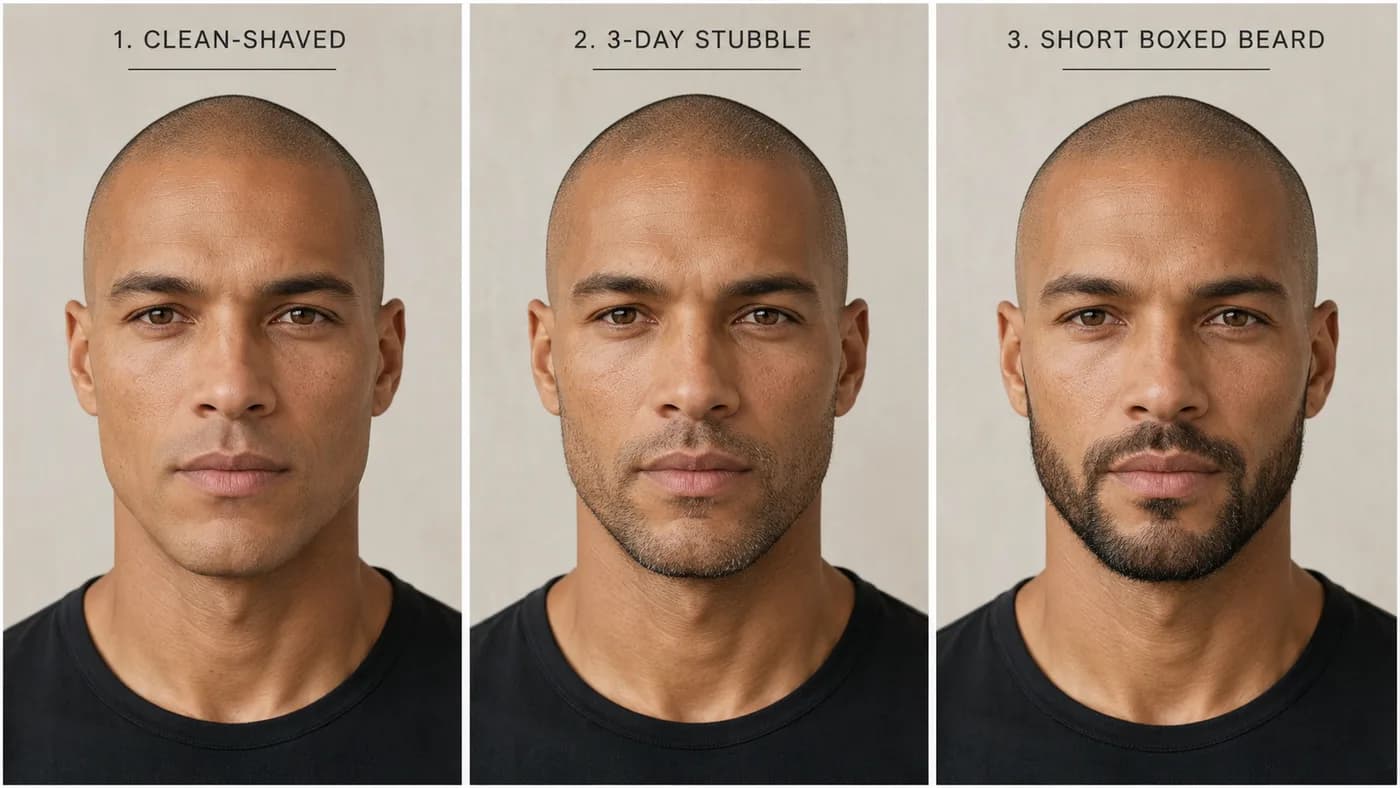 Comparison of the same bald man clean-shaven, with 3-day stubble, and with a short boxed beard
