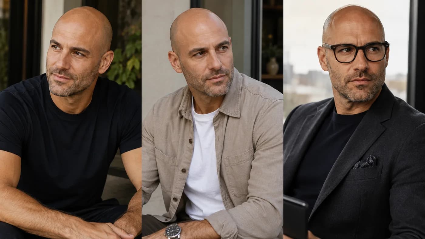 Lifestyle comparison of the same bald man with 3-day stubble styled casually, smart-casual, and with glasses