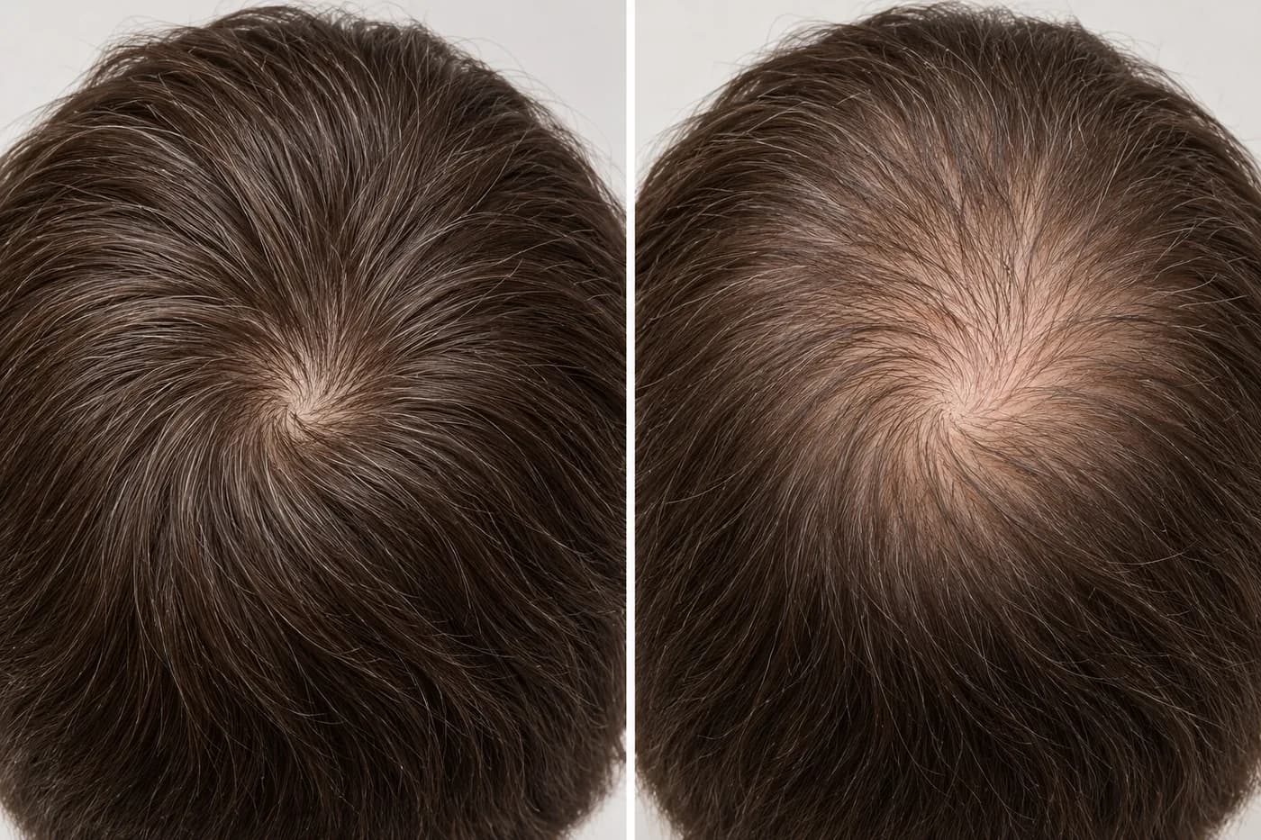 Two illustrated hair whorls: a compact visible center on the left and a wider area of scalp visibility on the right.