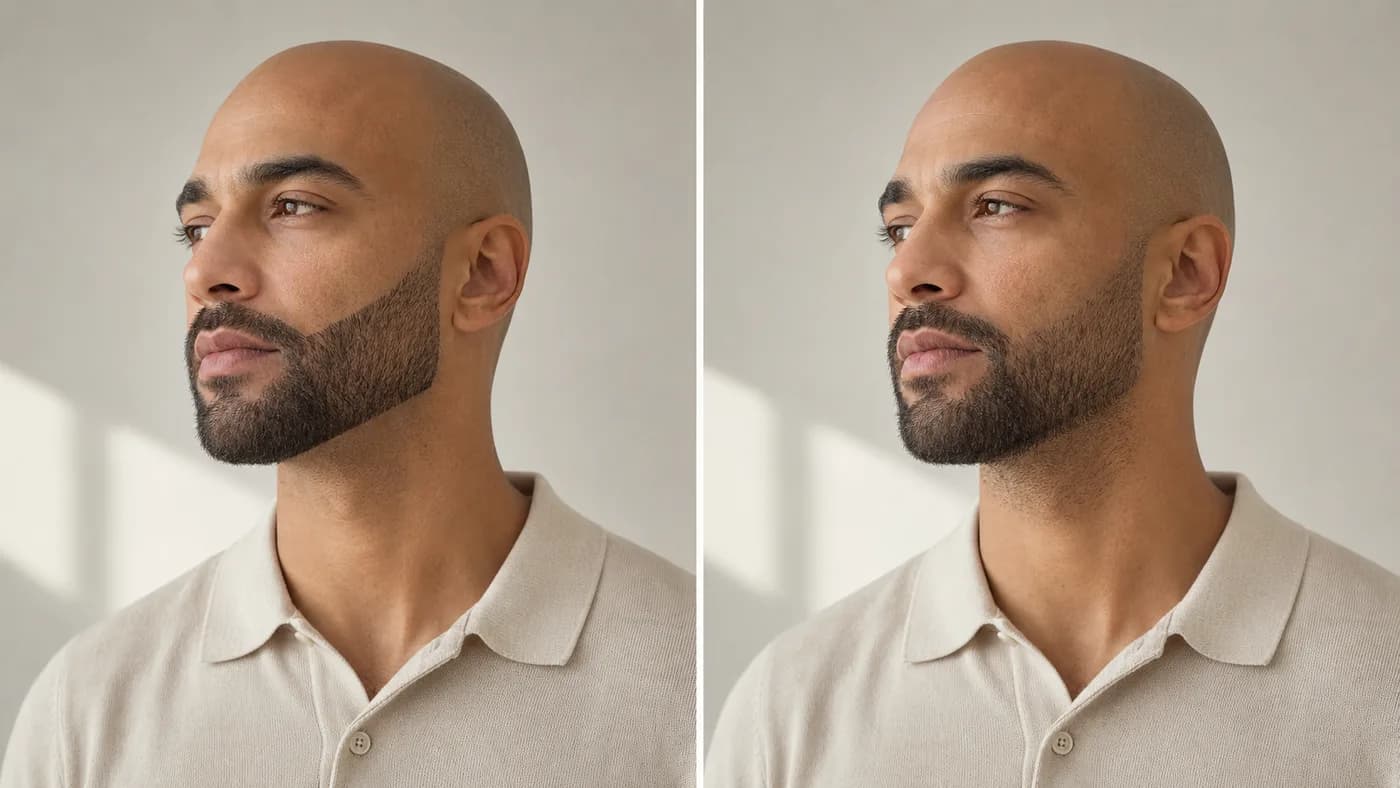 Comparison of a beard trimmed too high at the jaw and a beard with a natural supportive neckline