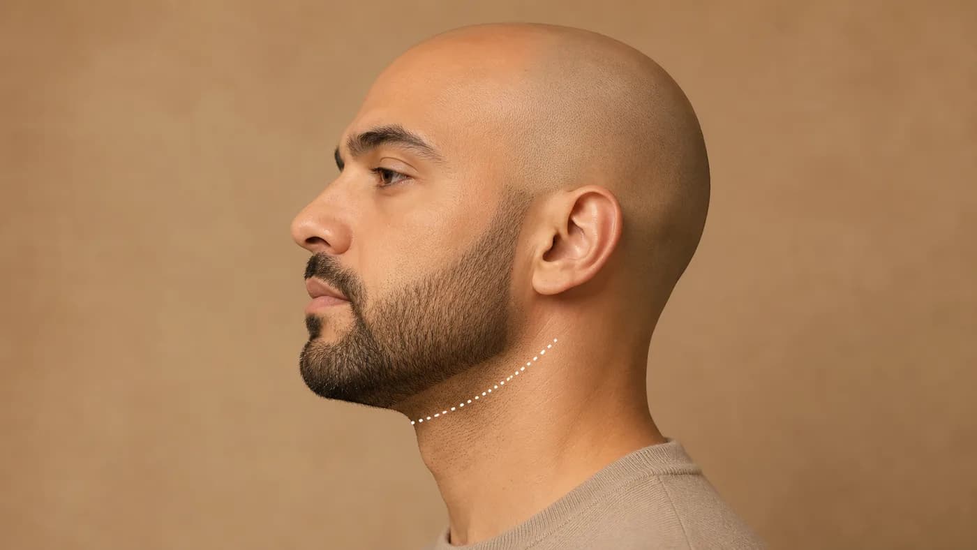 Side-profile bald man showing a shallow beard neckline curving from above the Adam’s apple to behind the jaw