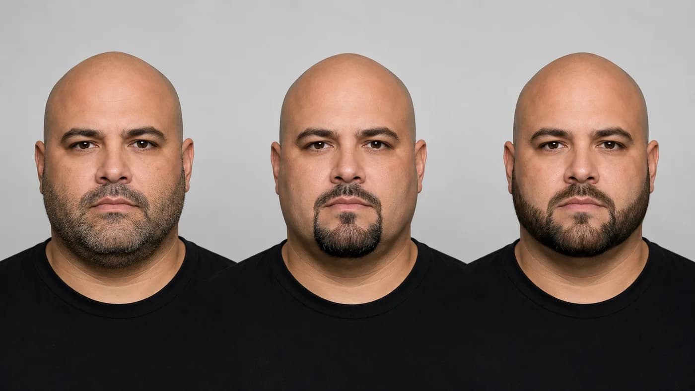 Bald men with round faces comparing heavy stubble, a compact goatee, and a short boxed beard