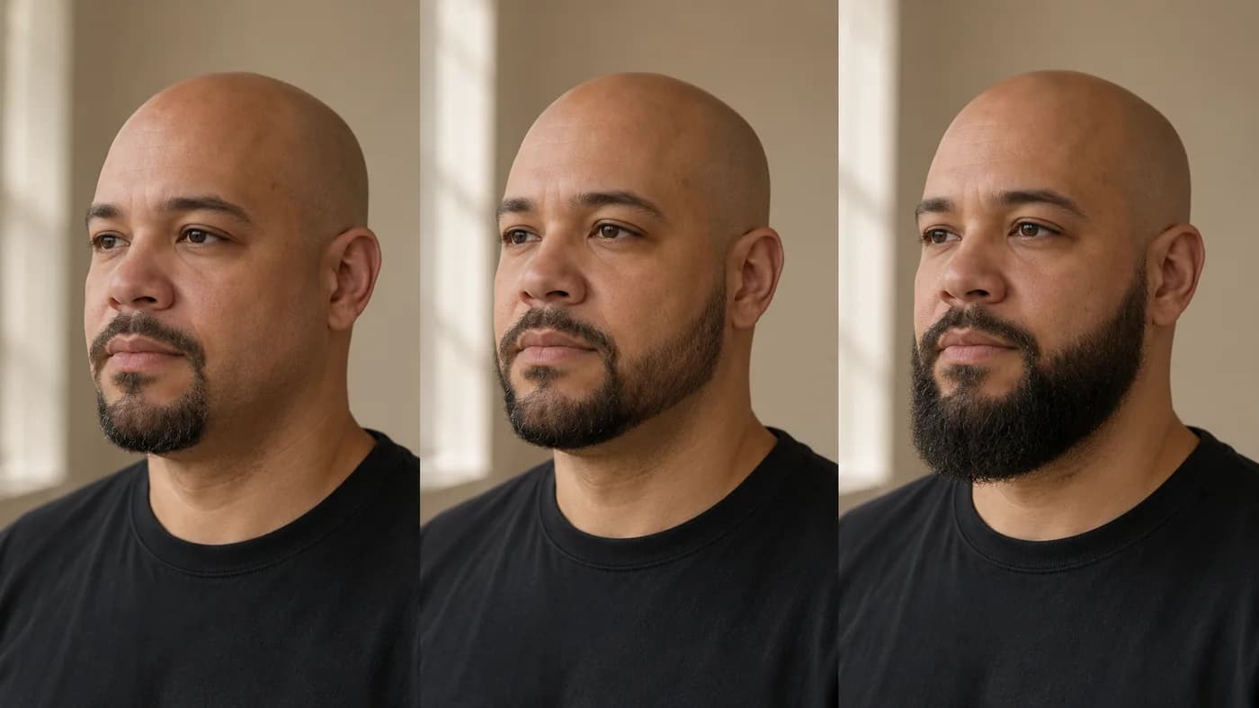 Bald man with a round face comparing a goatee, short boxed beard, and shaped full beard