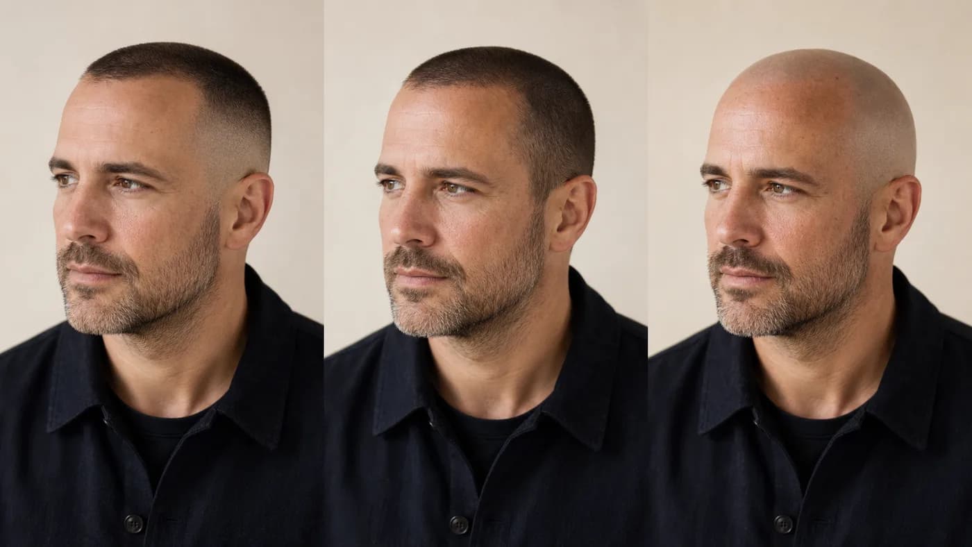 Low buzz fade, one-length buzz, and shaved-head comparison for a receding hairline