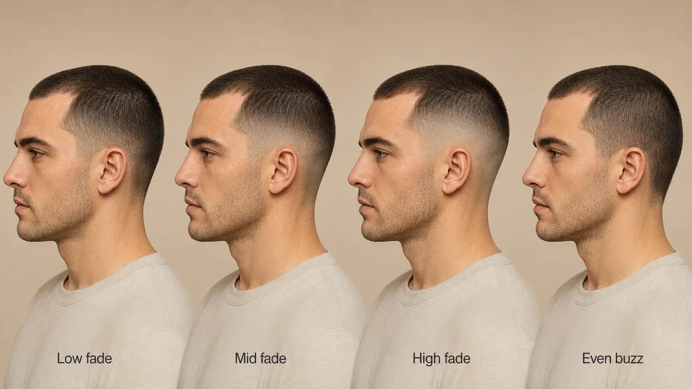 Low, mid, high, and even buzz fade height comparison for a receding hairline