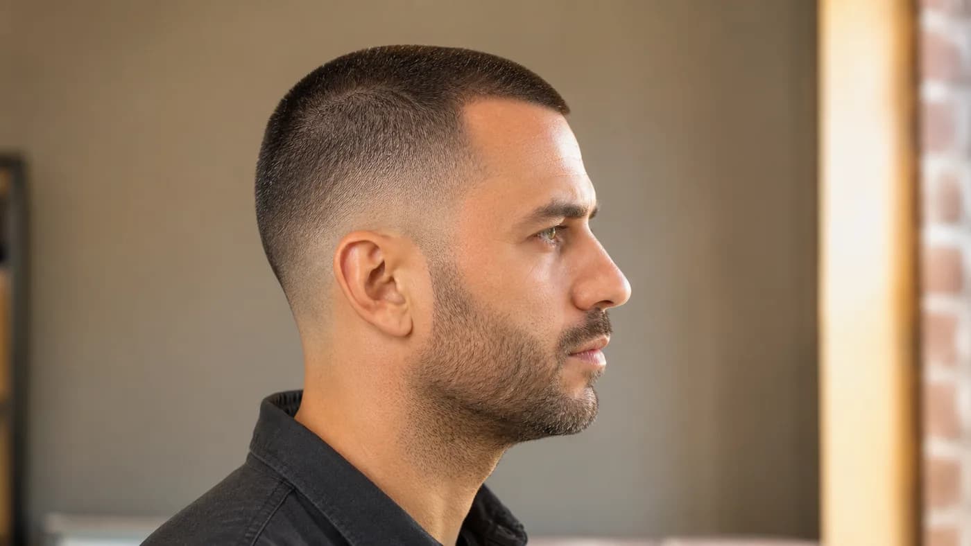 Soft low buzz fade with a blended stubble beard for a receding hairline