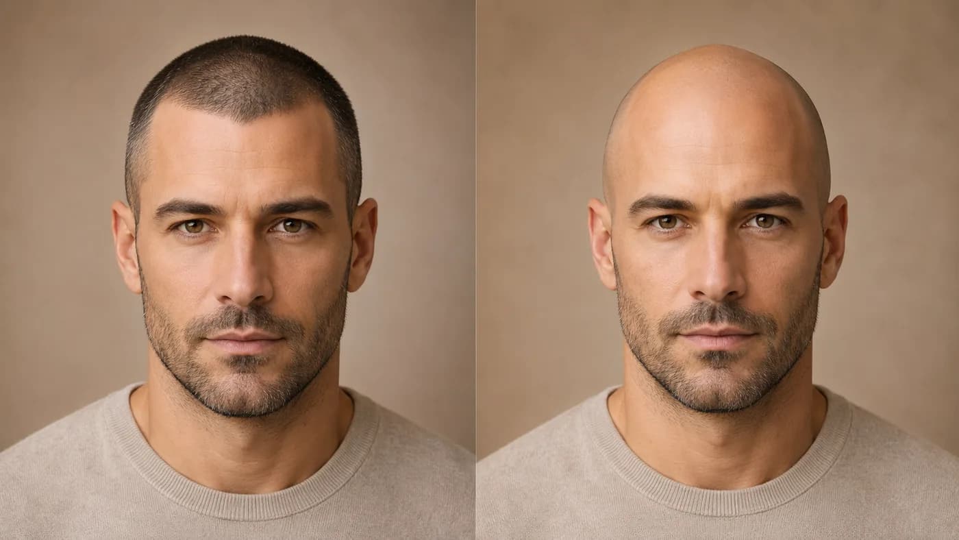 Comparison of a #1 buzz cut and a fully shaved head for mild crown thinning and temple recession.