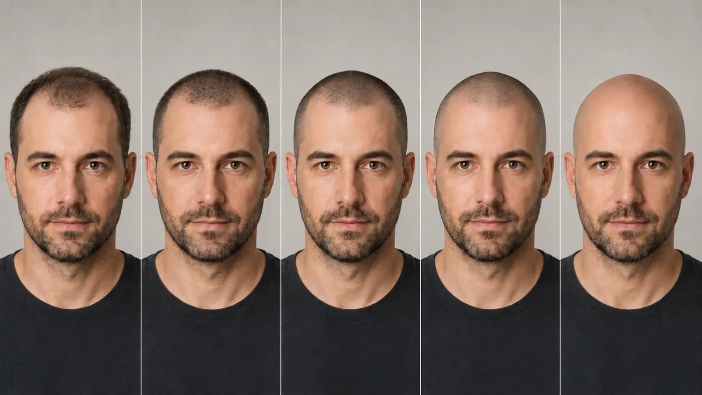 Buzz cut length comparison showing current thinning hair, a #3 buzz, a #2 buzz, a #1 buzz, and a shaved head.