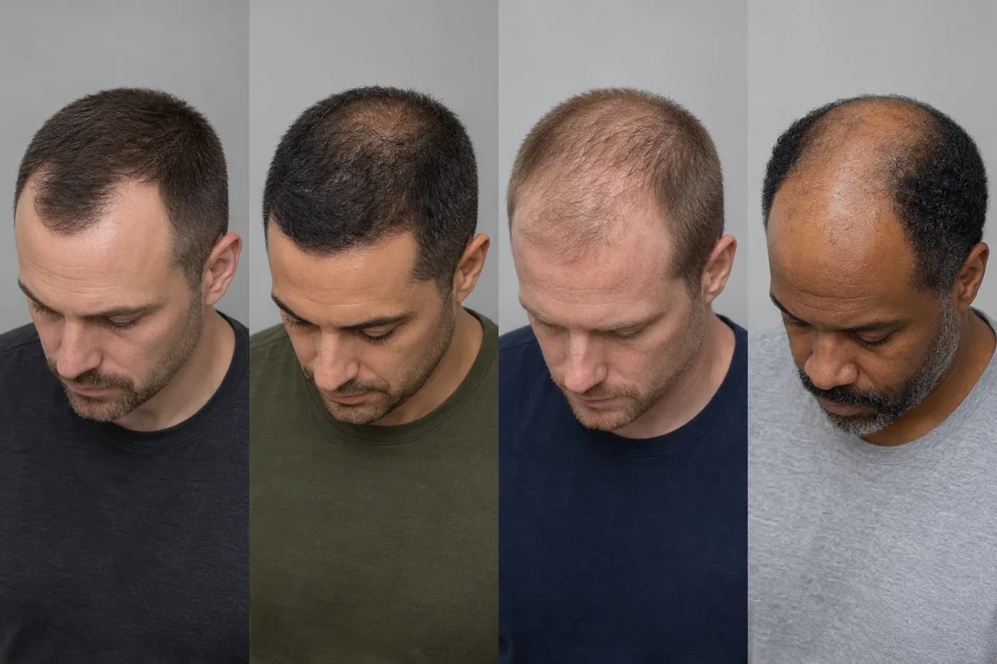 Four illustrated buzz cuts showing temple recession, crown thinning, diffuse thinning, and advanced thinning.