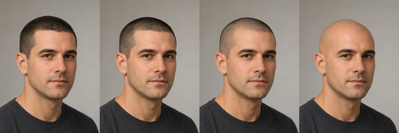 Number 3, number 2, number 1, and shaved styles on the same high hairline
