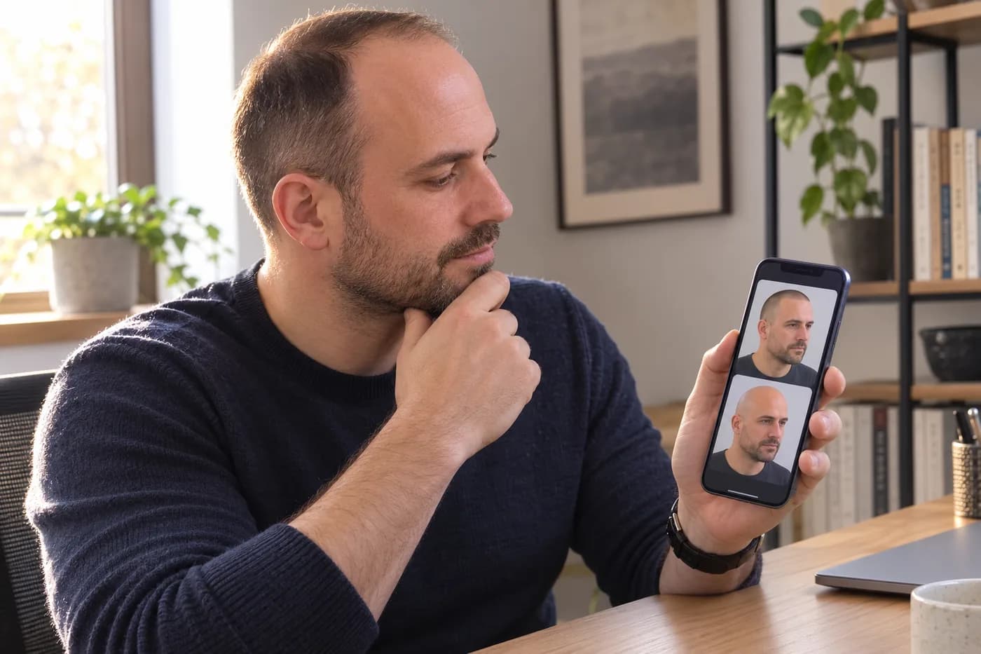 Man comparing buzz cut and shaved-head previews before a barber visit