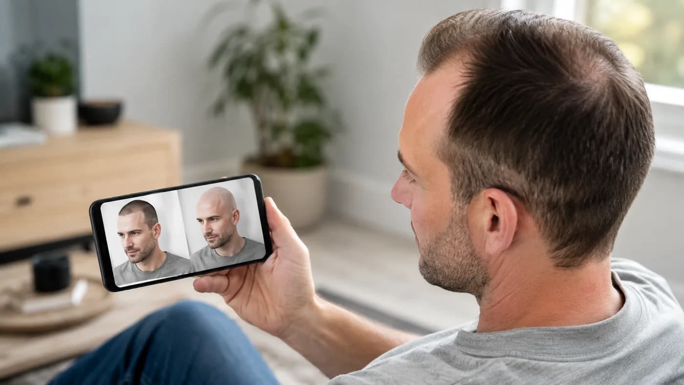 M-shaped hairline comparison between a number 1 buzz cut and a fully shaved head preview
