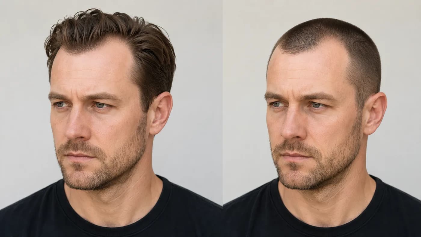M-shaped receding hairline comparison between longer styled hair and a number 1 buzz cut