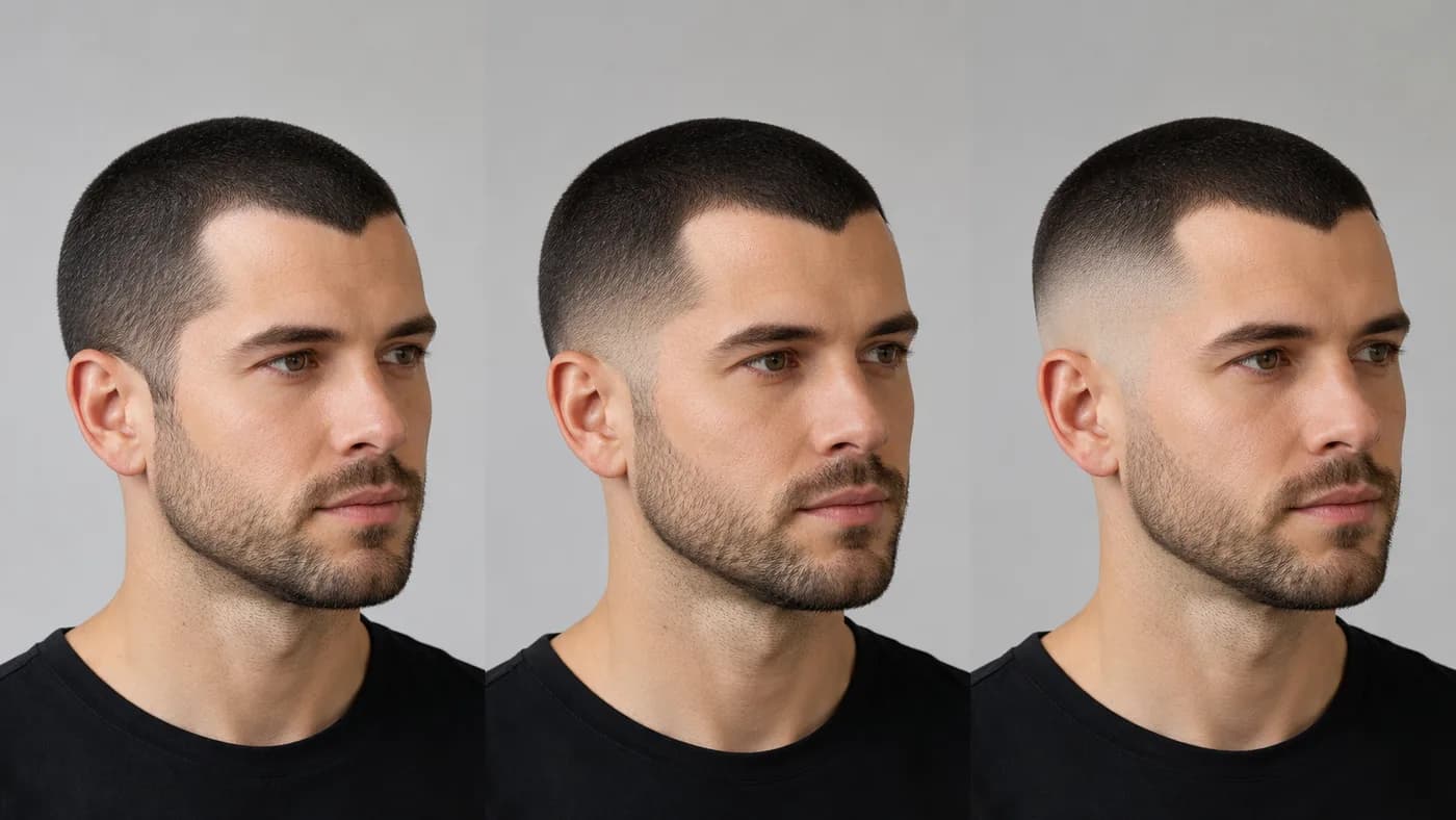 Number 1 buzz cut on an M-shaped hairline with one-length, low-fade, and high-fade variations