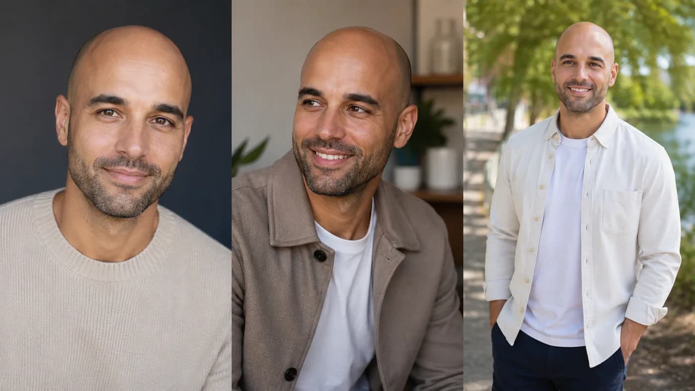 Flattering dating app photo angles for bald men with a chest-up portrait, slight torso turn, and clean outdoor styling