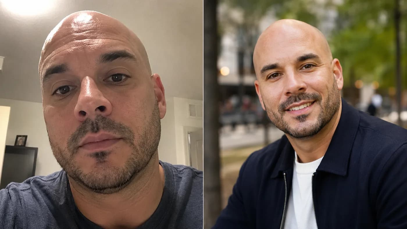 Bald dating app photo comparison showing harsh indoor selfie lighting versus soft outdoor daylight portrait