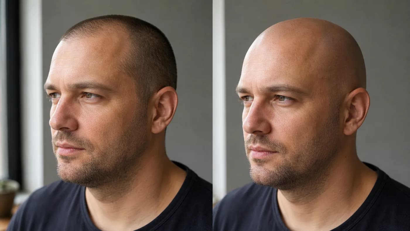 Close #1 buzz cut compared with a shaved head for diffuse thinning
