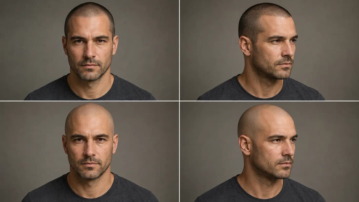 Close buzz cut compared with a clean shaved head for diffuse thinning