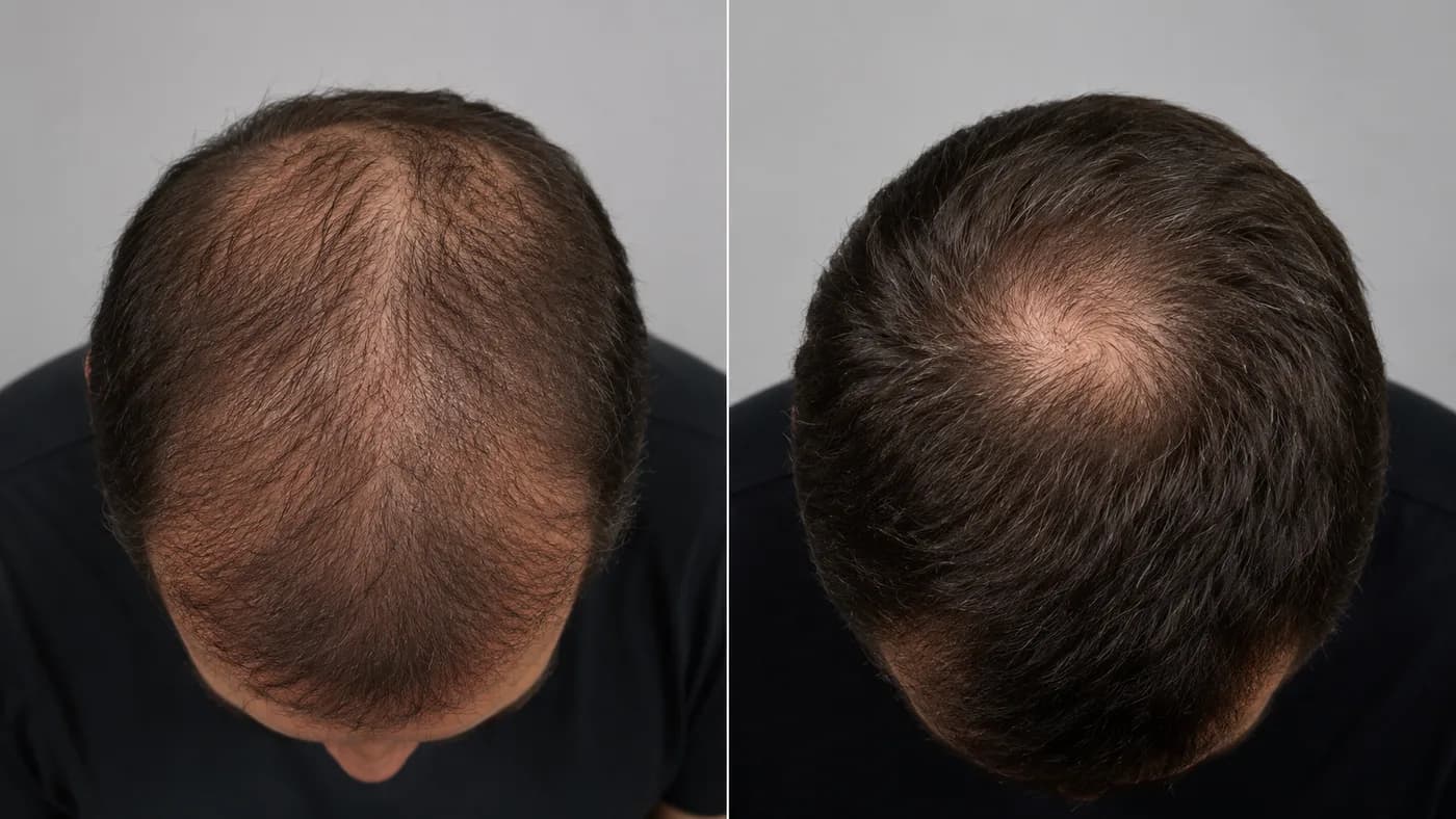 Diffuse thinning across the top compared with a localized crown bald spot