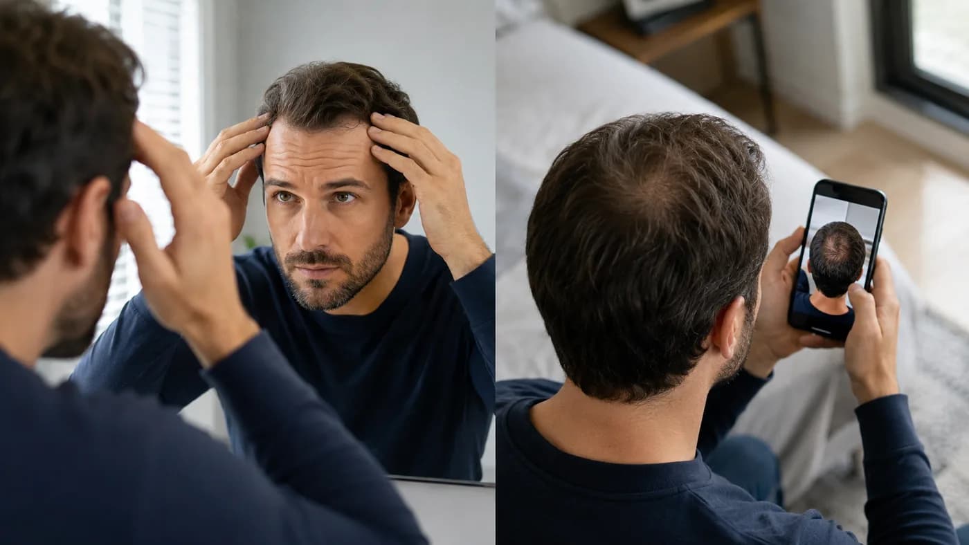Front hairline and crown photo comparison during a hairline self-check