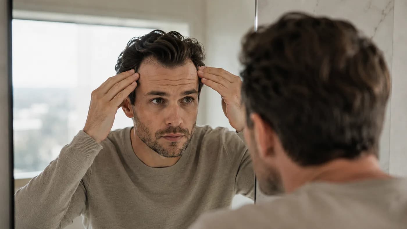 Man comparing temple symmetry in a mirror during a hairline self-check