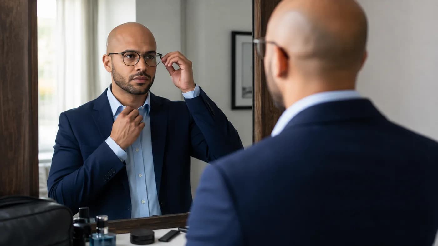 Bald man checking collar, glasses, and beard line in a mirror before an interview