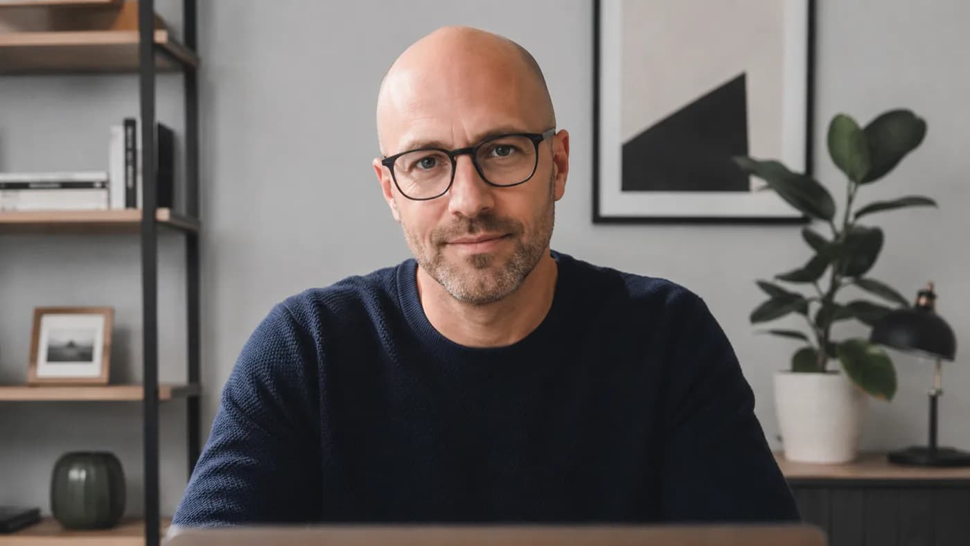 Bald man on a laptop video interview with soft window light and eye-level camera