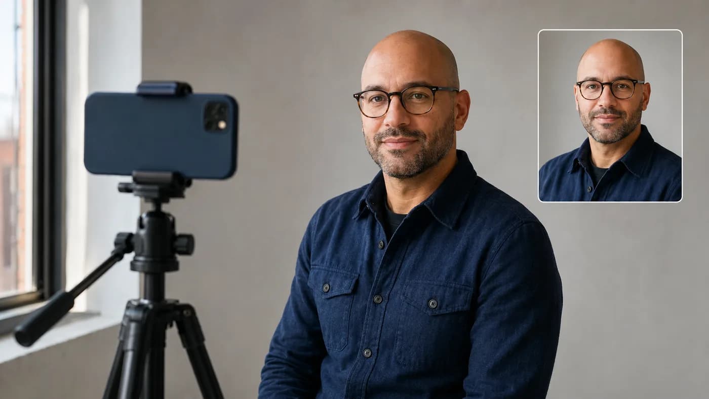 Bald man using an eye-level smartphone setup for a LinkedIn headshot